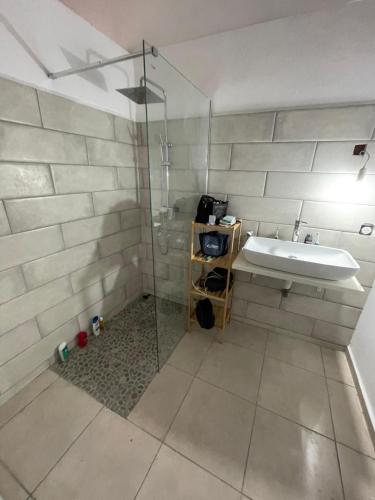 a bathroom with a sink and a shower at Bethanie in Le Gosier