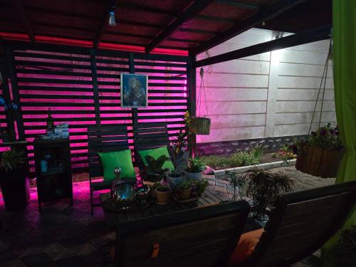 a room with a table with plants and pink lights at Noragavit Villa in Yerevan