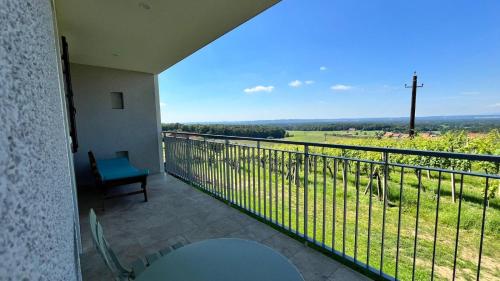 a balcony with a view of a green field at Ferienhaus Klöcher Sunseitn in Pirchweingarten