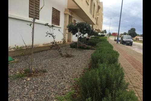 a sidewalk next to a building with plants on it at Appartement à Cap de l'eau, vue piscine in Ras El Ma