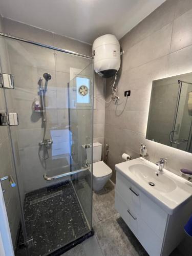 a bathroom with a shower and a toilet and a sink at Sea view cliff top apartment in Sharm El Sheikh