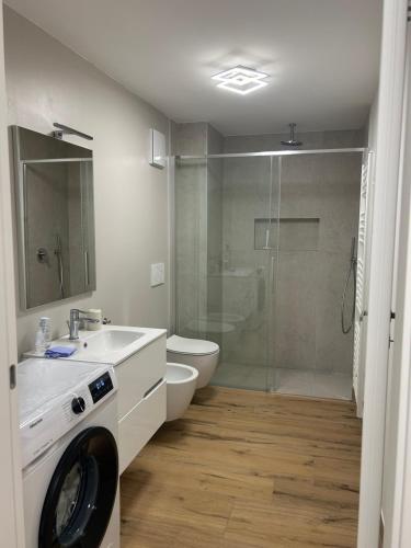 a bathroom with a toilet and a sink and a shower at Baita del Sole in Vermiglio