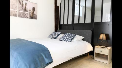 une chambre avec un lit avec des oreillers bleus et blancs dans l'établissement La Petite Cour, à Chartres