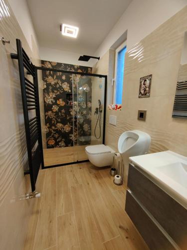 a bathroom with a shower and a toilet and a sink at Villa Eva Marezige Heated Saltwater Pool near Koper in Marezige