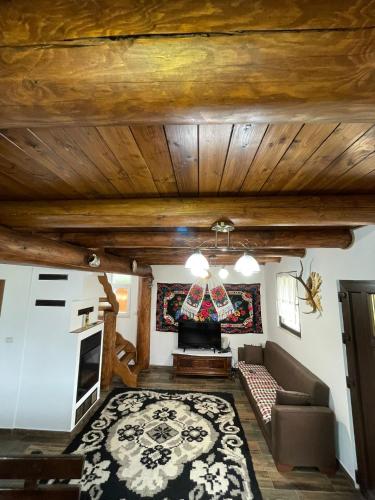 a living room with wooden ceilings and a couch at CABANA MERISORULUI in Borşa