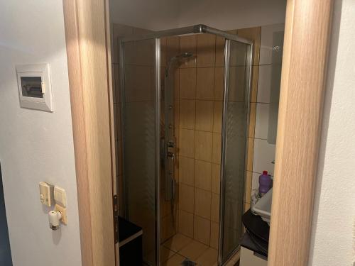 een douche met een glazen deur in een badkamer bij 50m from beach in PalaiónTsiflíkion