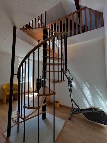 - un escalier en bois en colimaçon dans une chambre avec un tapis de course dans l'établissement Chic et relax version chambre en mezzanine de 7 places, à Montmarault