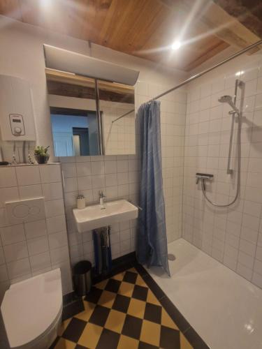 a bathroom with a sink and a shower and a toilet at Historic cozy flat in Citycenter by Lake Constance in Überlingen