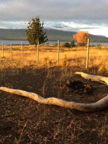 a log laying on the ground next to a fence at Espectacular casa orilla de lago in Puerto Varas