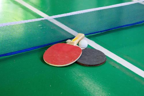 two ping pong rackets and balls on a court at Venus Beach Hotel in Nea Stira