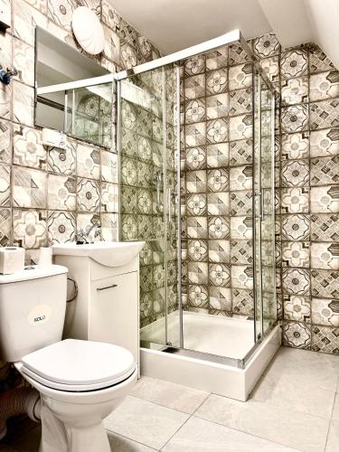 a bathroom with a toilet and a shower at Familly House in Międzyzdroje