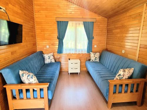 a living room with a blue couch and a television at Villa Efsane Hotel in Cıralı