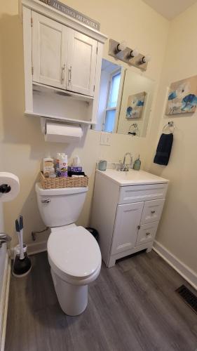 une salle de bain blanche avec toilettes et lavabo dans l'établissement Afrique Francaise de Woodlawn 1, à Chicago
