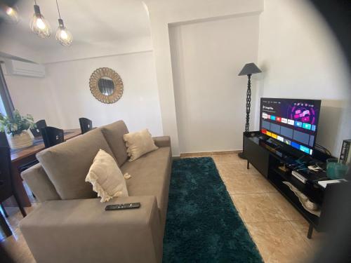 a living room with a couch and a flat screen tv at Apartamento Bela Vista em Castro Daire in Castro Daire