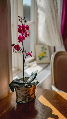 a vase with a pink flower on a table at Svaneholm Hotel in Svanskog