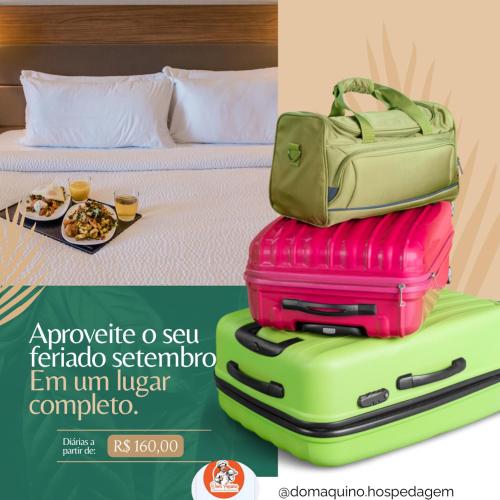 a advertisement for a hotel with a pile of luggage at Dom Aquino Hotel e Gastronomia in Natal