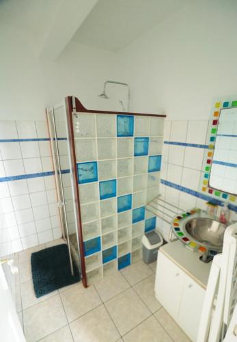 a bathroom with a shower and a sink at bas de villa splendide in Rivière-Salée