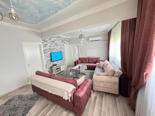 a living room with two couches and a tv at Gökçen Home in Pamukkale