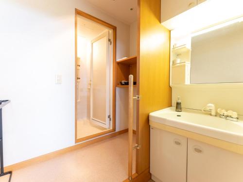 a bathroom with a sink and a mirror and a shower at LiVEMAX Resort Upopoi Shiraoi Onsen in Shiraoi