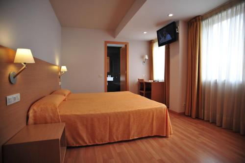 a hotel room with a bed and a flat screen tv at Hotel Windsor in Santiago de Compostela