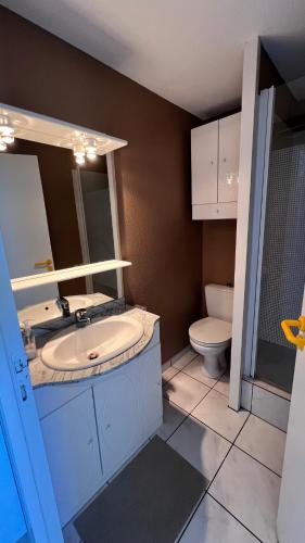 une salle de bain avec un lavabo et des toilettes dans l'établissement Duplex carcans plage, à Carcans