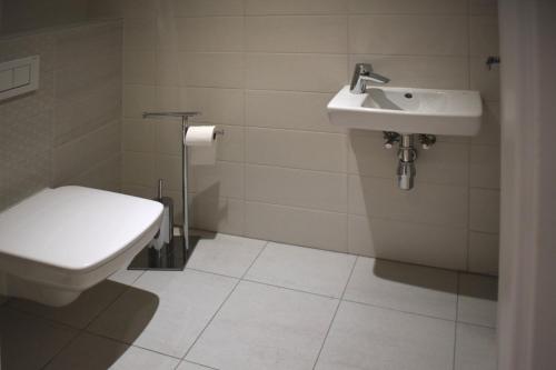 un baño con inodoro y lavabo en Apartman Afrodita 1, en Bardejovské Kúpele