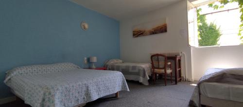 a blue room with two beds and a window at Hôtel des Jacobines in Chalon-sur-Saône