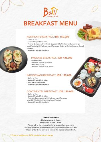a page of a breakfast menu for a restaurant at Seven Residence in Seminyak