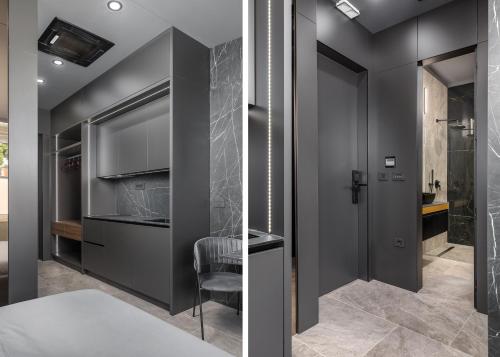 a bedroom with a bed and a glass door at Center Apartments BAG, With PRIVATE FREE PARKING in Pula