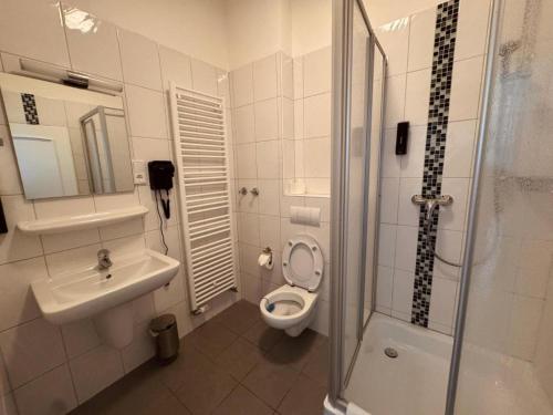 a bathroom with a toilet and a sink and a shower at dingdong bonn - city apartments in Bonn