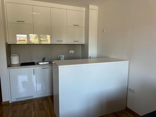 a small kitchen with white cabinets and a sink at Royal Queen Apartment in Vrnjačka Banja