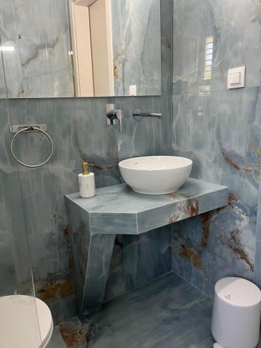 a bathroom with a sink and a mirror and two toilets at Andromeda Shell House in Pefkochori