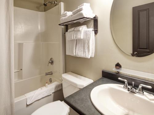 a bathroom with a sink and a toilet and a mirror at Panorama Mountain Resort - Premium Condos and Townhomes in Panorama