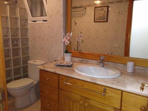 a bathroom with a sink and a toilet and a mirror at Apartamento Islote in Famara