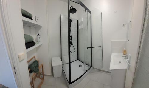 une salle de bain blanche avec une douche et un lavabo dans l'établissement Appartement familial terrasse vue mer avec parking, à Berck-sur-Mer