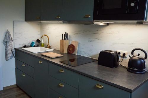 a kitchen with a sink and a counter top at Guesthouse with 3 apartments, just outside Berlin, near to Tesla in Burig