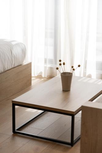 a coffee table with a potted plant on top of it at Rebalance Apartments in Athens