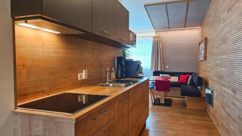 サン・ヴァレンティーノ・アッラ・ムータにあるenjoy Monika apartmentsのシンクとカウンタートップのあるキッチン