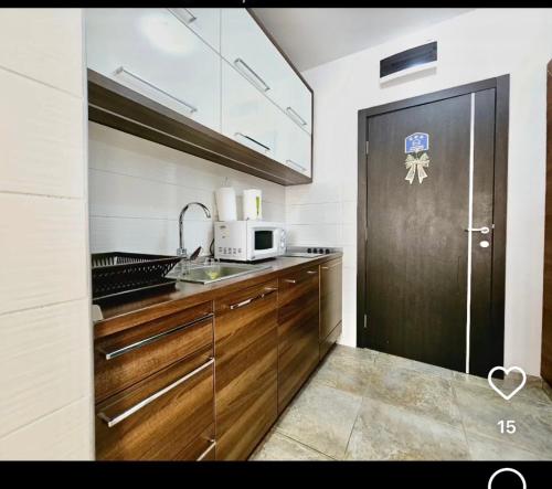 a kitchen with a black door and a microwave at Konak 20 Apartman 24 in Zlatibor