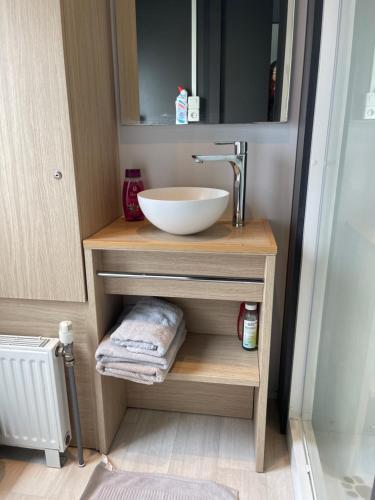 a bathroom vanity with a sink and a mirror at Chalet 3 slaapkamers Oasis 19 in Jabbeke