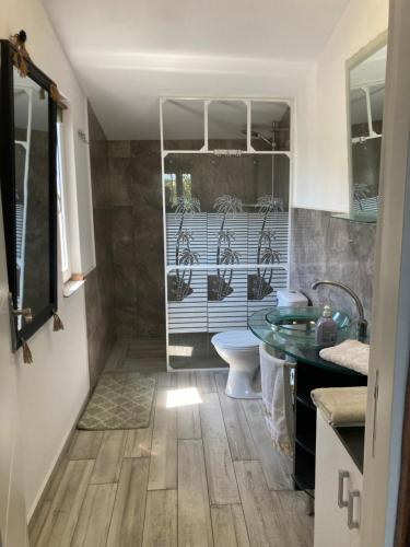 a bathroom with a toilet and a sink at Gogo’s house in Mangalia