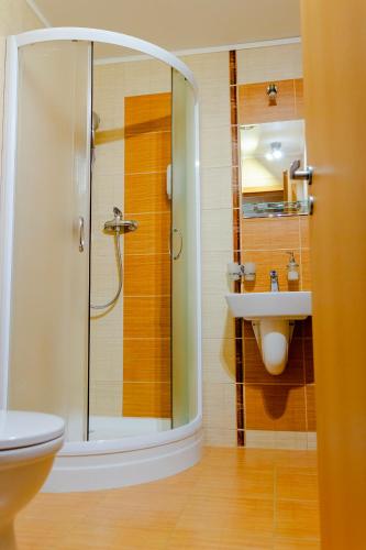 a bathroom with a shower and a sink at Penzion Oaza Prievidza in Prievidza