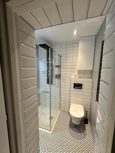 a bathroom with a toilet and a glass shower at Mazurski klimat in Ełk