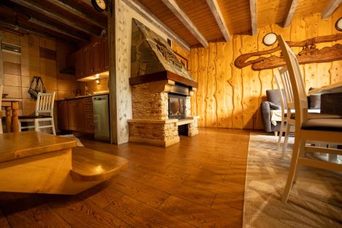 a living room with a kitchen with a fireplace at Całoroczne Domki "Stokrotka" in Solina