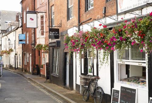 a narrow street with flowers hanging from buildings at Upper Mowley in Kington