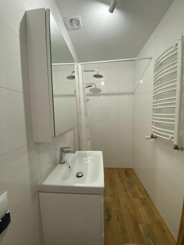 a white bathroom with a sink and a mirror at Pensjonat Rzepniki in Rzepniki
