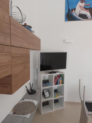 a living room with a tv and a book shelf at Terrazzo il Limone in Punta Secca