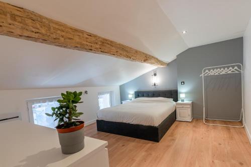 um quarto com uma cama e uma planta em vaso em Loft Bourg St Maurice Les Arcs La Maison des Tetes em Bourg-Saint-Maurice