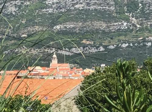 a view of a town with a mountain in the background at Apartment Jurišić Korčula in Korčula