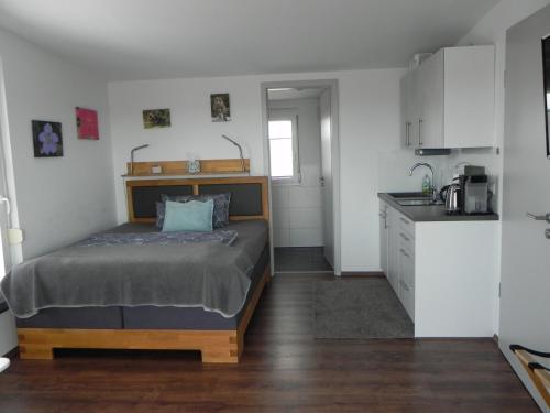 a small bedroom with a bed and a kitchen at Apartment Schwäbisch Hall in Schwäbisch Hall